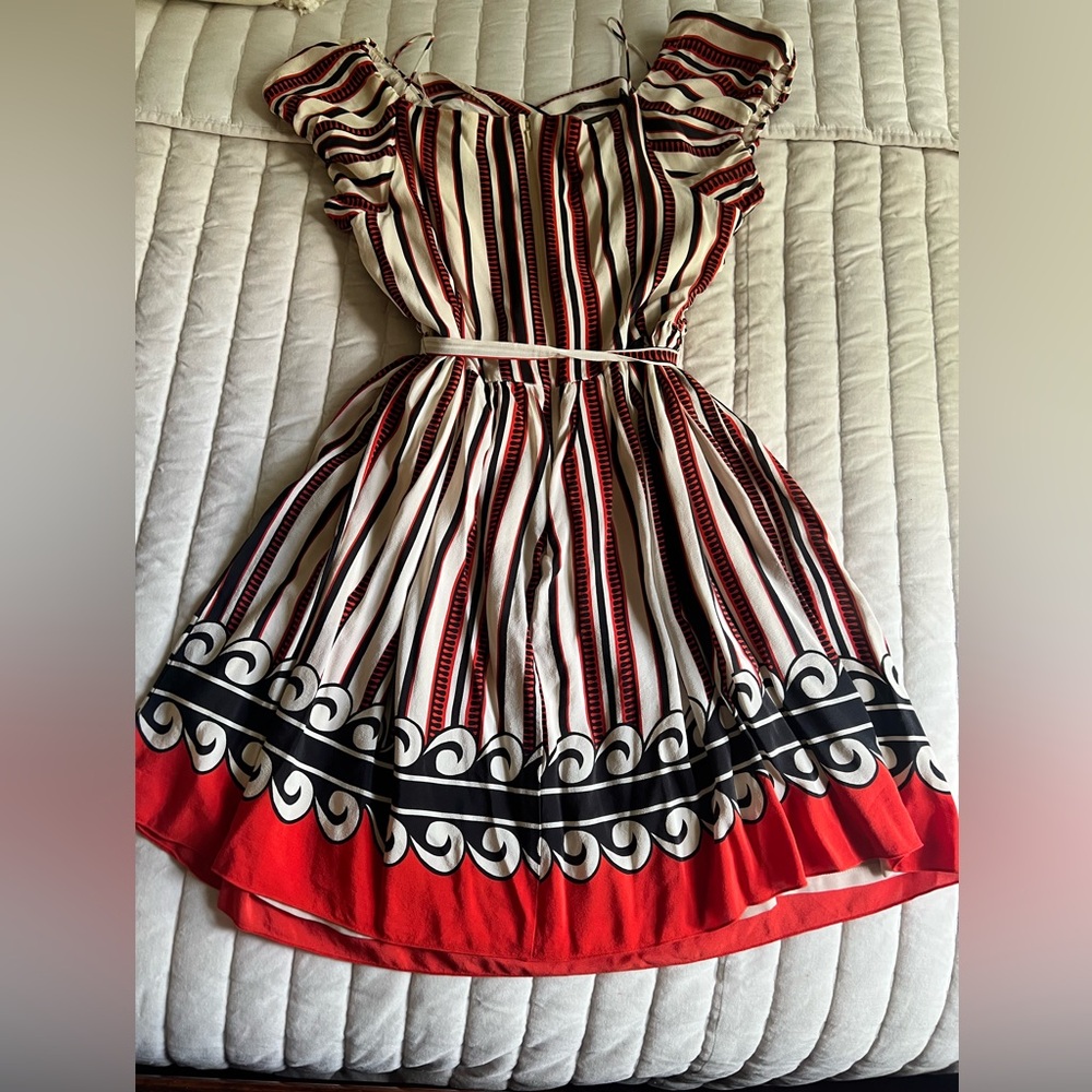 Anna Sui Black and White Off-the-Shoulder Mini Dress